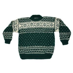 Vintage 90s Chunky Wool Evergreen Pattern Sweater Handmade by Tibetan Refugees